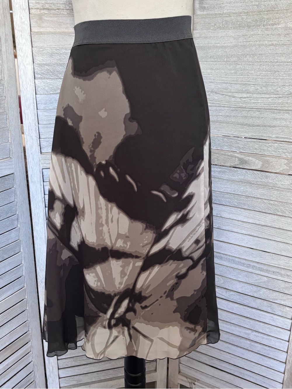 ALFANI Abstract Chiffon Skirt Scalloped Hem, Elastic+Zip Waist SZ XL Brown/Taupe